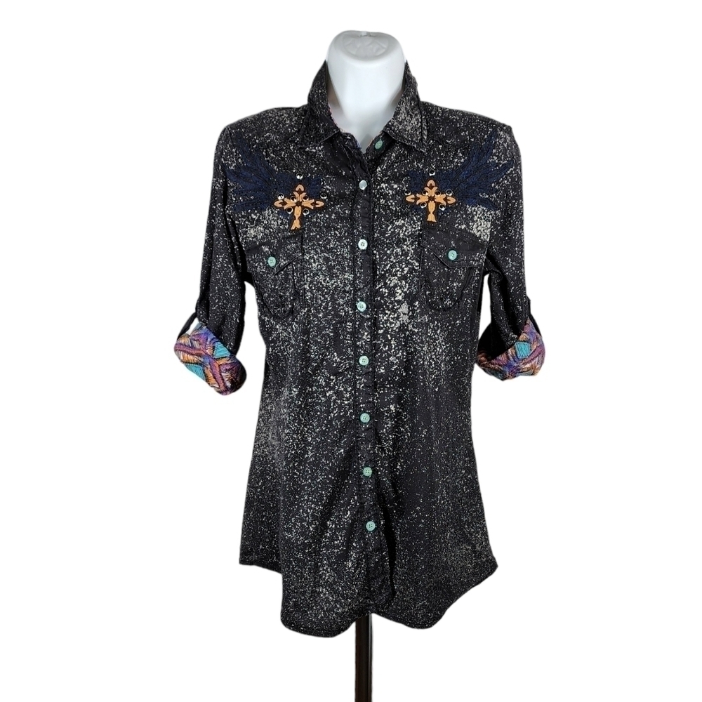 ROAR 3/4 SLEEVE ROLL TAB EMBROIDERED SHIRT